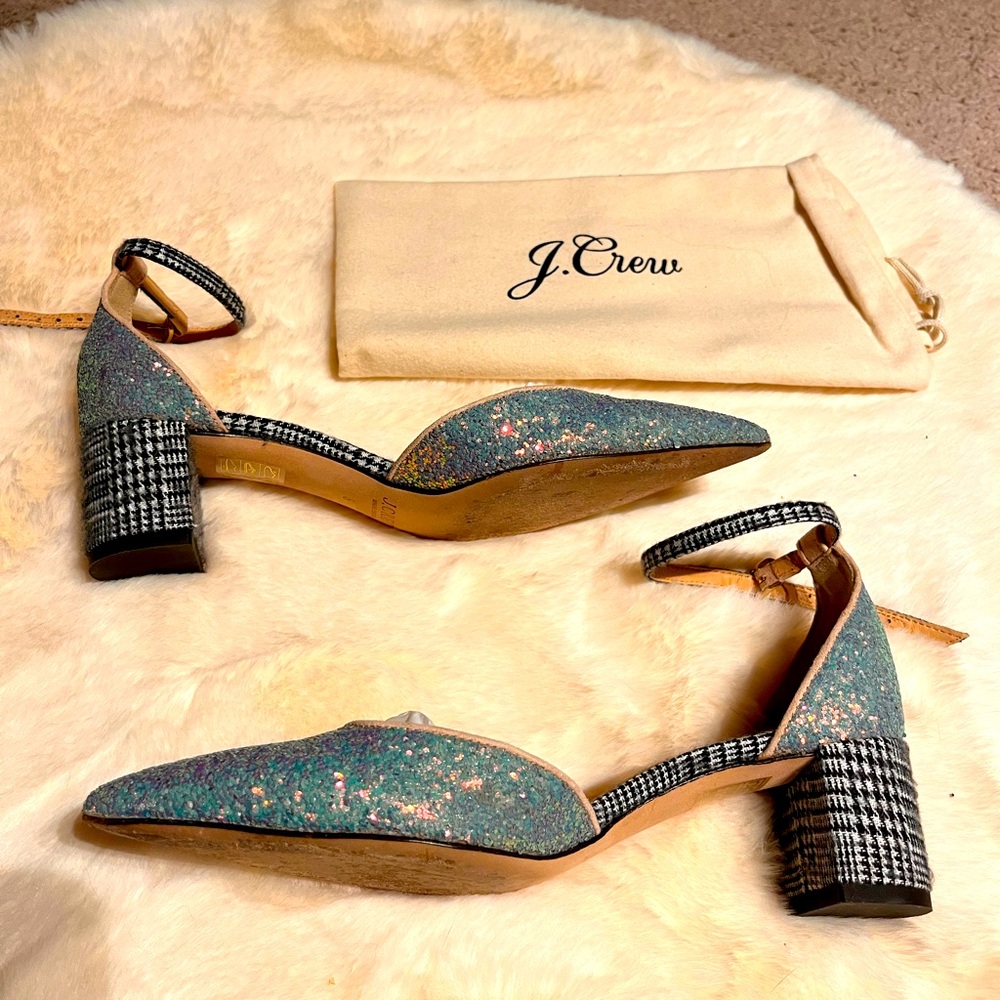 J Crew pumps tweed and mint holographic glitter